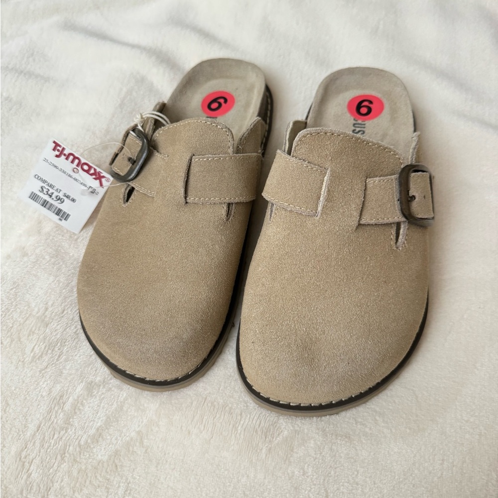 T.J.Maxx Beige Suede Slip-On Clogs with Buckle - Women's